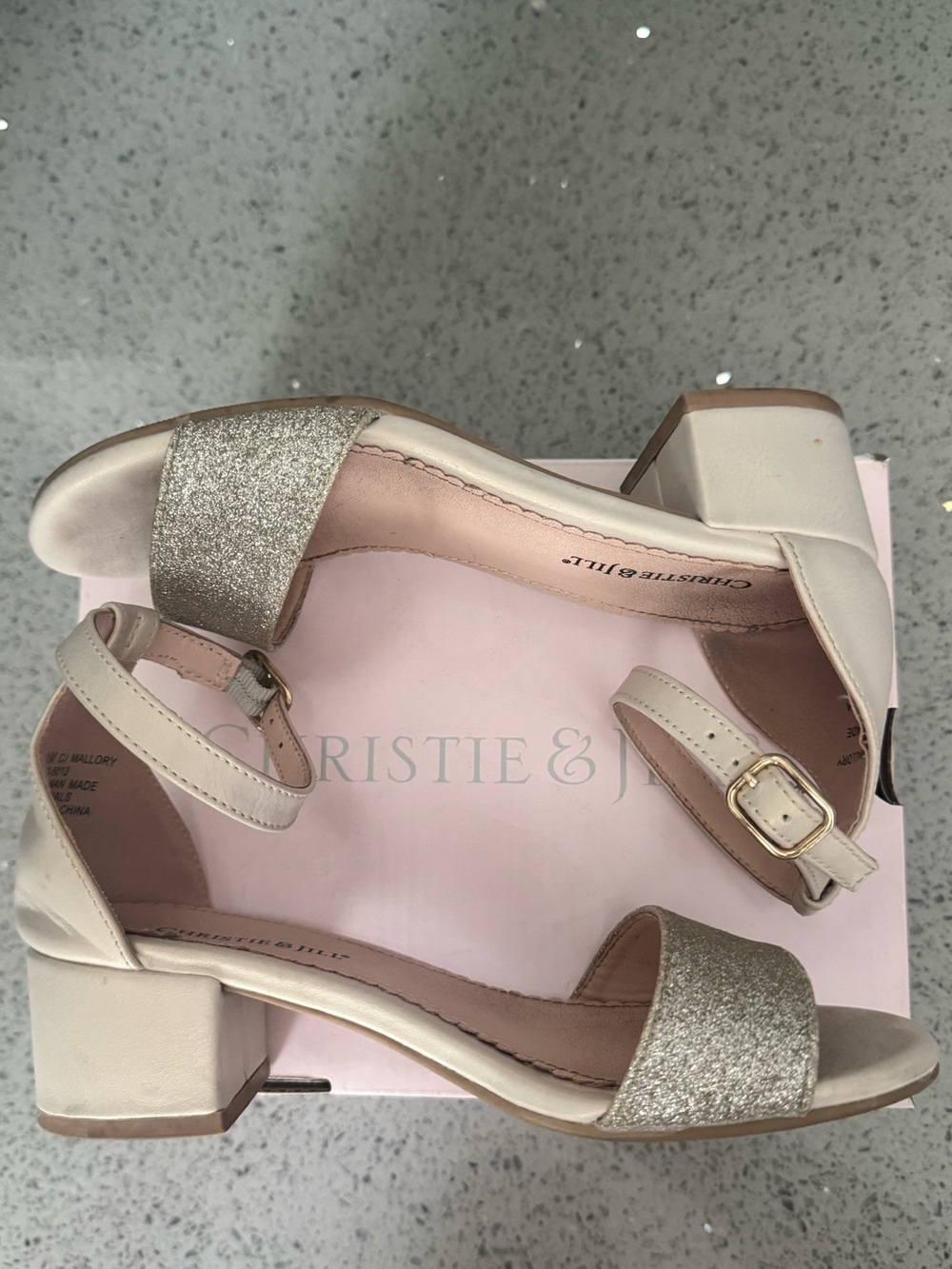 Girls Ivory Dress Sandals with Gold Glitter Strap